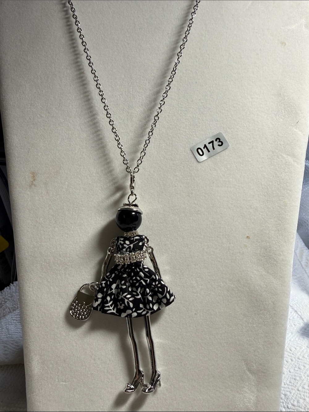 Black and Silver Doll Pendant Necklace - 20” long